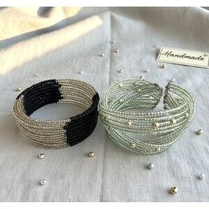 Vintage Multi Strand Seed Bead Color Block Wide Cuff & Memory Wire Bracelet Lot